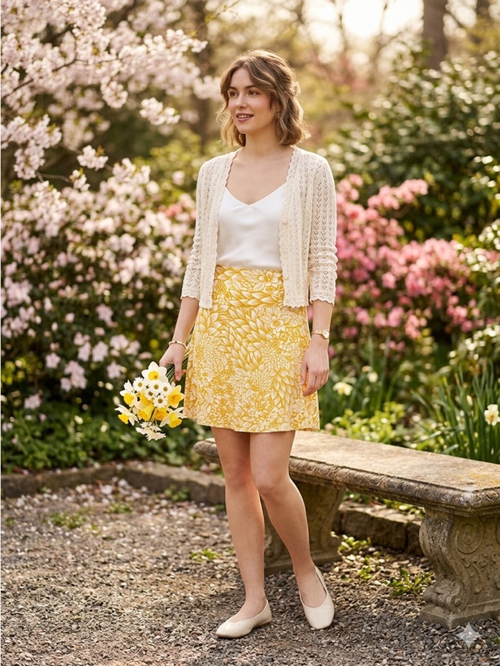 🌼 H&M VINTAGE-VIBE Mustard Yellow Floral Mini Skirt 2 🌼
